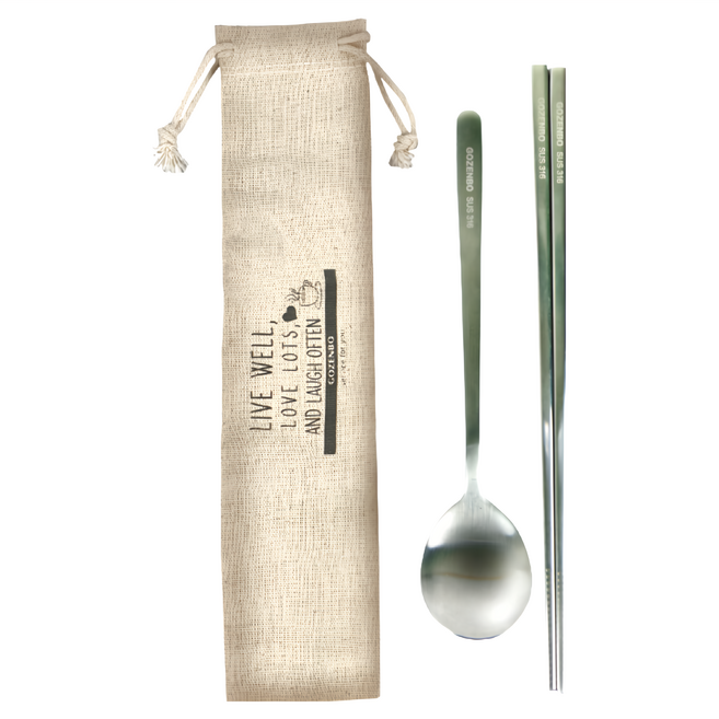 GOZENBO 御膳坊 優機能 316不鏽鋼餐具組 含袋, 湯匙 + 方筷 + 餐具袋, 不鏽鋼 銀色, 1個