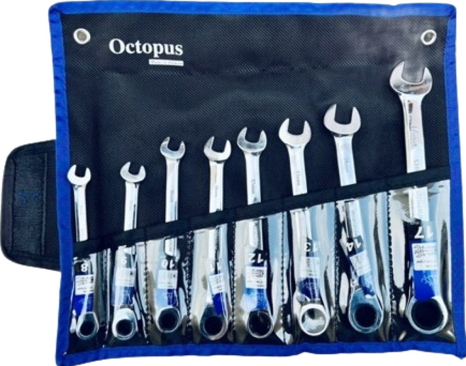 Octopus 章魚牌 8 支組 搖頭梅開棘輪扳手 Set 鏡面鍍鉻處理 72齒棘輪 搖頭可上下180°調整 開口端斜15°, 1組