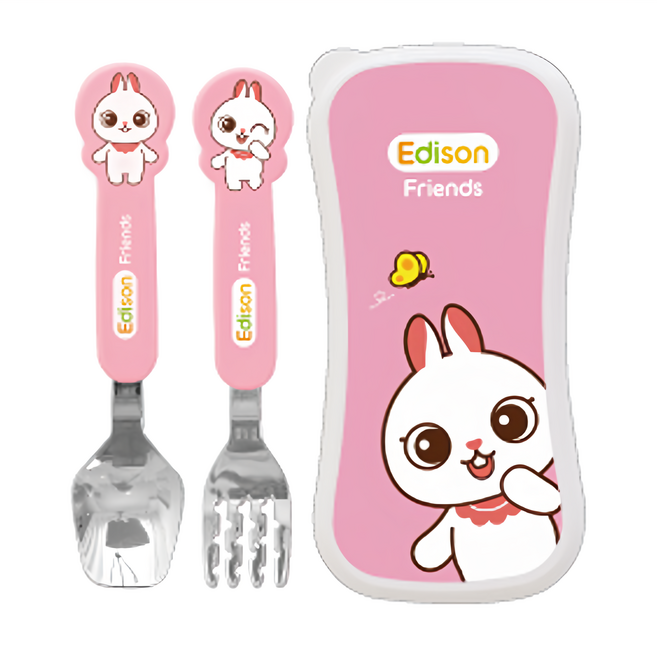 Edison Friends 兒童餐具組, 2 支兒童湯匙 + 2 支叉子 + 2 個收納盒, 粉色兔子, 1組