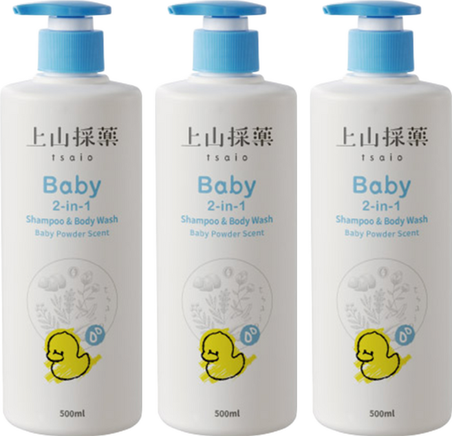 tsaio 上山採藥 寶貝洗髮沐浴二合一泡泡露 嬰兒粉香, 500ml, 3瓶