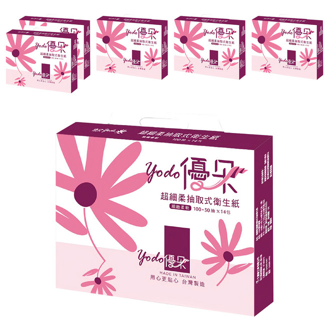 優朵 超細柔抽取式花紋衛生紙, 14包, 6袋
