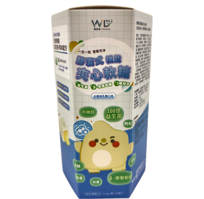 WD 唯多多 膠囊式機能夾心軟糖 益生菌 + β-聚葡萄糖 + 五種植萃 水蜜桃乳酸口味, 3.6g, 30顆, 1盒