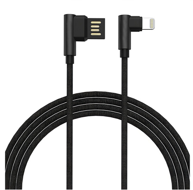 GOLF 雙面USB 轉 Apple 8Pin 90度轉角 布藝編織快充線 - 2.4A高效充電 1M, 黑色, 1條