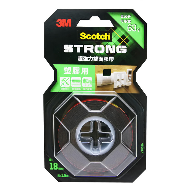 3M Scotch 超強力雙面膠帶 塑膠用 V1802N 18mm x 1.5m, 紅色, 1捲