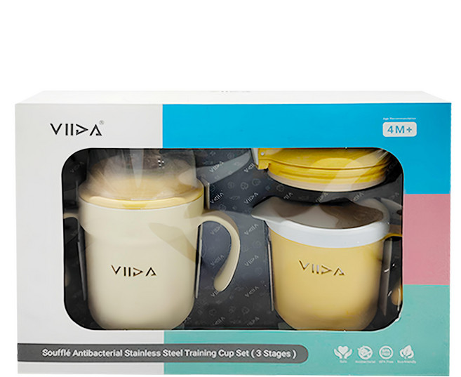 VIIDA Soufflé 三階段抗菌不鏽鋼學習杯組***, 330ml, 1組, 黃