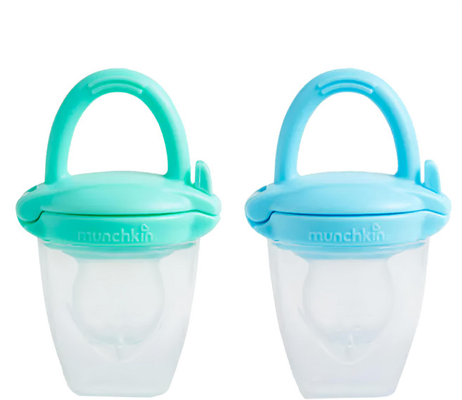 munchkin 滿趣健 矽膠新鮮食物咬咬訓練器 附蓋 4個月以上 2件組, 矽膠 藍色 + 綠色, 1組