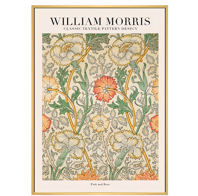 BOLUO GALLERY 菠蘿選畫所 William Morris 粉色玫瑰 40 x 30cm 木框 木色 春天質感花卉插畫 19世紀復古質感掛畫 BFSP3409D