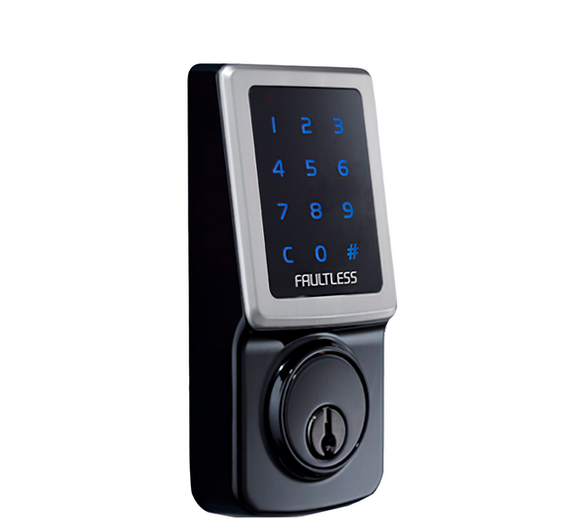 FAULTLESS 加安牌觸控式電子輔助鎖TD-505P 25組密碼 備用鑰匙 適用標準尺寸門孔 僅需螺絲起子即可輕鬆完成安裝 適用多種門厚, TD-505P, 適用標準尺寸門孔,僅需螺絲起子即可輕鬆完成安裝,適用多種門厚