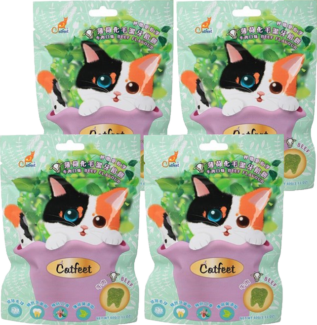 Catfeet 薄荷化毛潔牙餡餅, 牛肉, 60g, 4包
