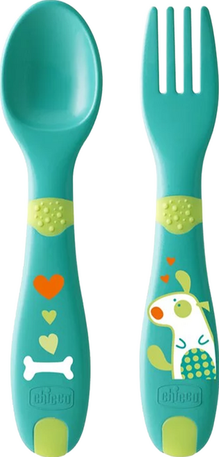 chicco 幼兒學習叉匙組, 幼兒湯匙 + 叉子, Aqua, 1組