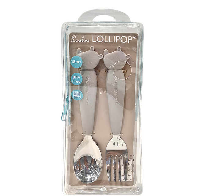 Loulou Lollipop 動物造型兒童304不鏽鋼叉匙組, 兒童湯匙 + 叉子, 害羞犀牛, 1組