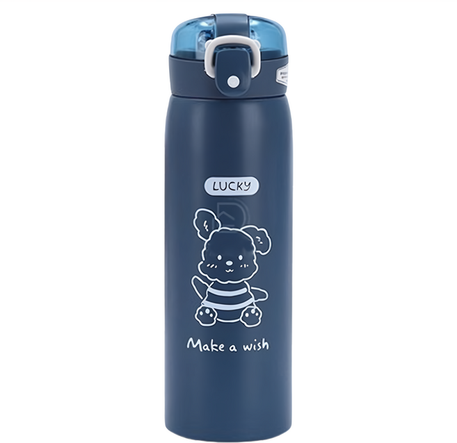 可愛動物 兒童保溫水壺 附矽膠吸管, 藍色 許願小熊, 500ml, 1個