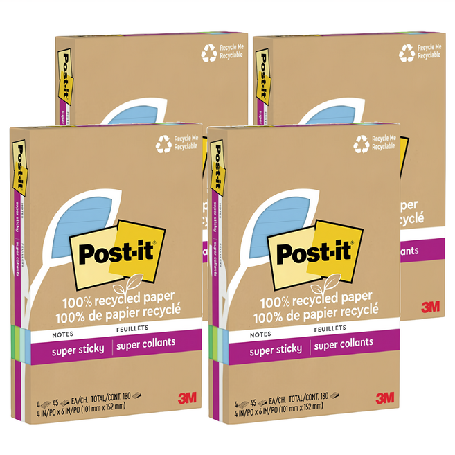 3M Post-it 利貼 狠黏100%環保再生紙 4 x 6橫格便條紙, 藍綠色系, 1入, 4本