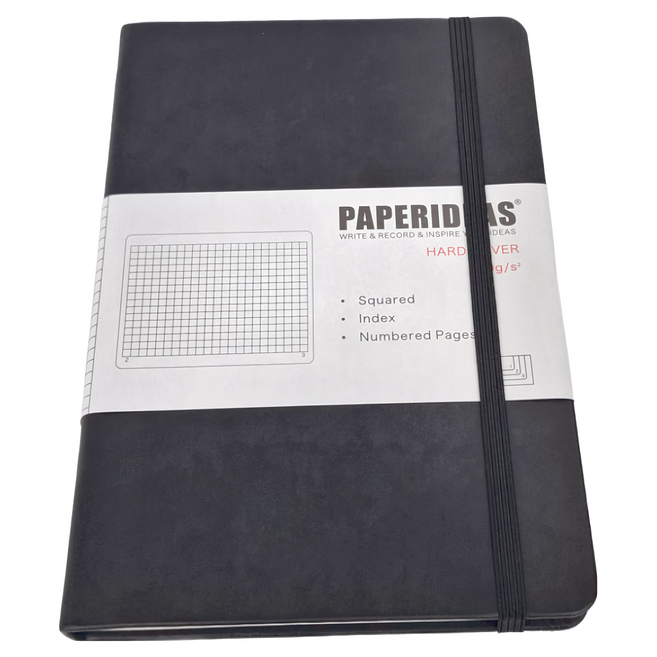 PAPERIDEAS A5 硬皮 188頁 方格, 黑色, 1本
