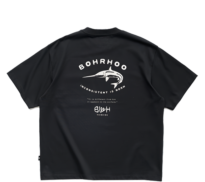 BOHRHOO 24AW 長絨棉鱘魚標語T恤 寬鬆, 黑色