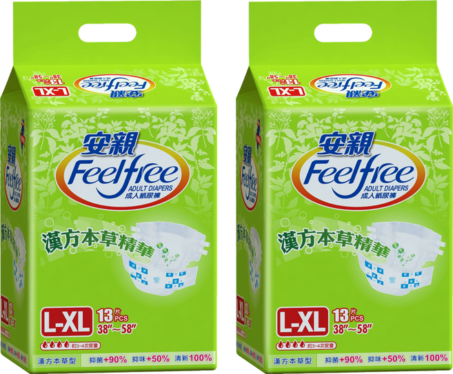 Feelfree 安親 漢方草本成人紙尿褲, L~XL(腰圍38~58吋), 13片, 2包