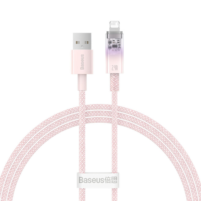 Baseus 倍思 探索者系列 智慧溫控快充傳輸線 USB-iPhone 2.4A, 1m, 1條, 粉色