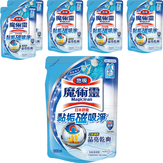 Kao 花王 Magiclean 魔術靈 台灣公司貨 地板清潔劑 補充包 清新海洋, 1.8L, 6包