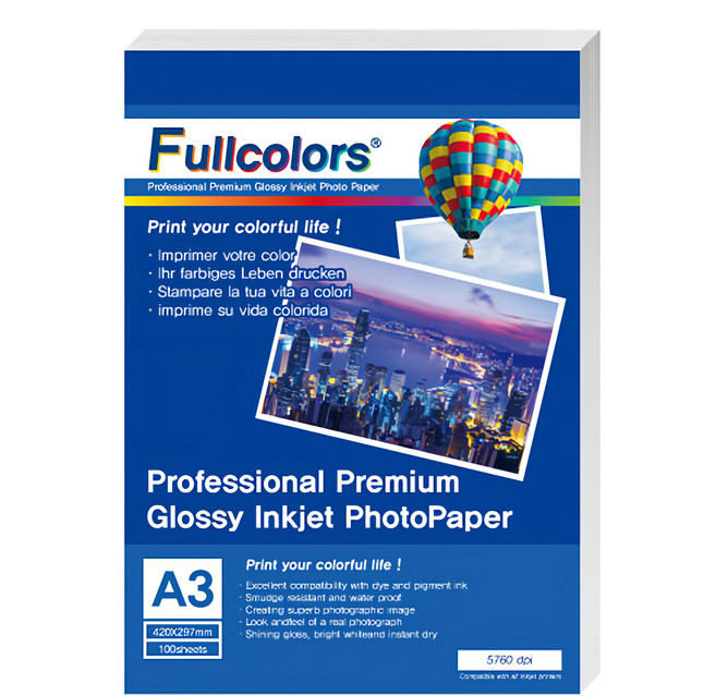 Fullcolors 全彩 噴墨亮面相片紙, A3, 100張