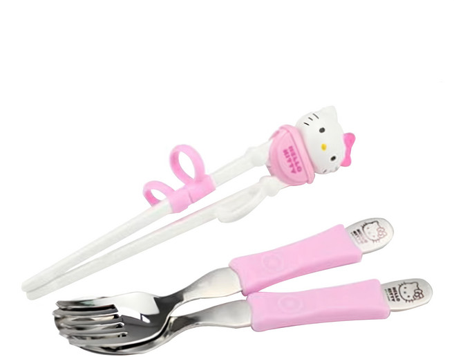 Hello Kitty 凱蒂貓 不鏽鋼學習餐具 3歲以上, 學習筷 + 湯匙 + 叉子, HelloKitty, 1組