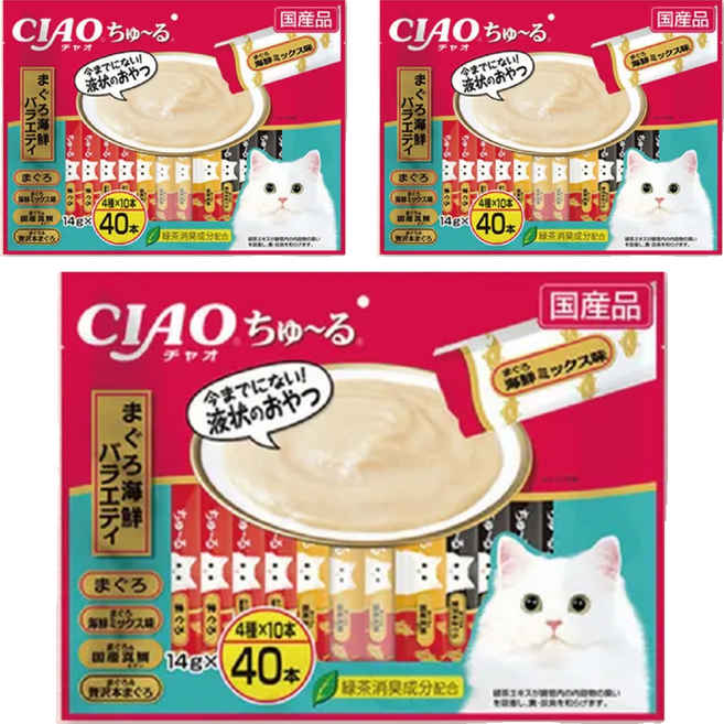 INABA CIAO 啾嚕 肉泥, 鮪魚、鮪魚海鮮綜合、鮪魚 + 真鯛、鮪魚 + 奢華鮪魚, 560g, 3袋