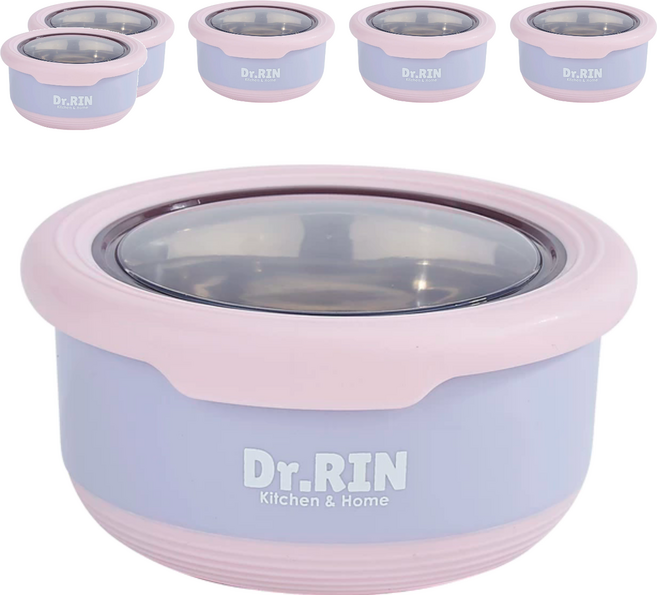 Dr.RIN 不鏽鋼雙層隔熱碗 420ml 密封防漏 6個 餐碗 容器 + 蓋子
