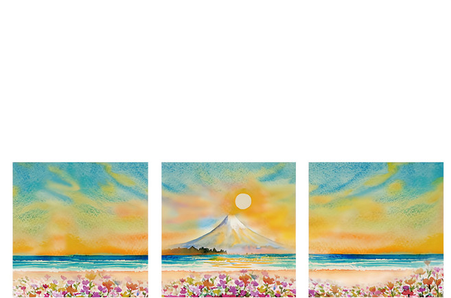 24mama 繪畫插圖時鐘掛畫 三聯式 日本著名富士山 春天 太陽 天空 美麗花, 旅遊勝地