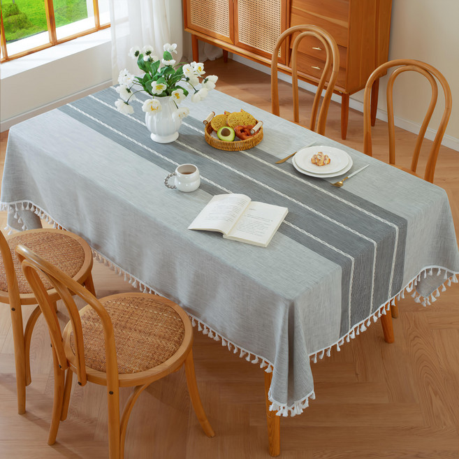 Homely Zakka 歐式棉麻流蘇桌巾 180 x 140cm 條紋灰 餐桌布 桌墊 1條