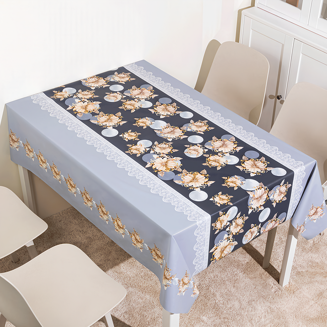 歐式古典風 璀璨蕾絲皮革桌巾 防水防油 140 x 220cm 灰藍色 茶几布 桌墊 1條