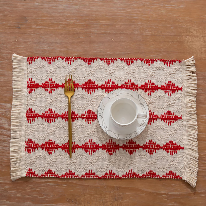 Homely Zakka 棉麻繩編織拼色條紋流蘇餐墊, 紅底白圓, 50 x 30cm, 1個