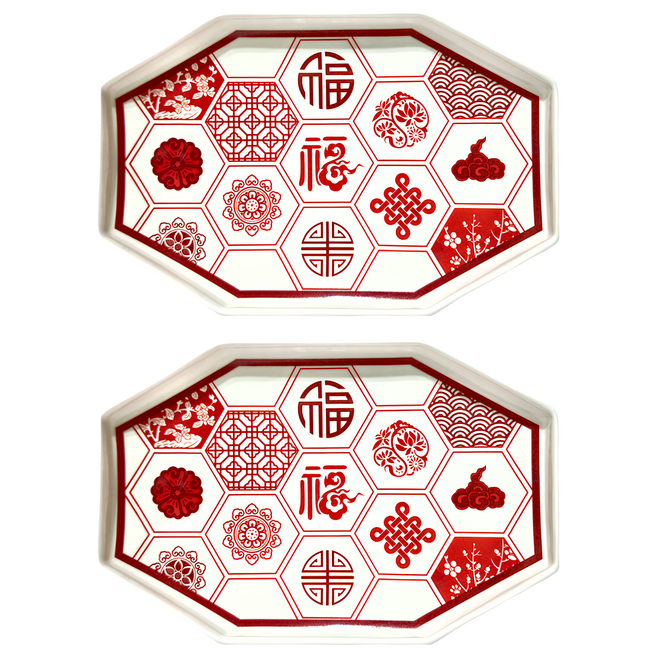 JUST HOME 富貴福氣六角造型陶瓷盤組, 2件組陶瓷盤(25.5 x 16.5 x 2.5cm), 富貴福氣六角造型 紅色 + 白色, 1組