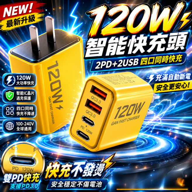 低温不傷機 120W超級快充頭 四口快充頭 2PD2USB 快充豆腐頭 PD快充頭 萬能充電頭, 120W四孔快充-2PD+2USB, 1個, 5cm