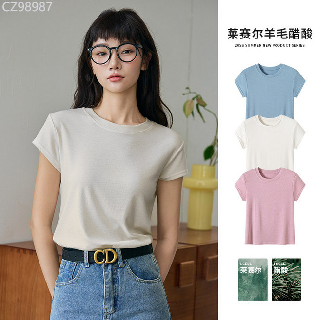 萊賽爾圓領短袖T卹 女夏季薄款正肩修身顯瘦醋酸羊毛百搭上衣