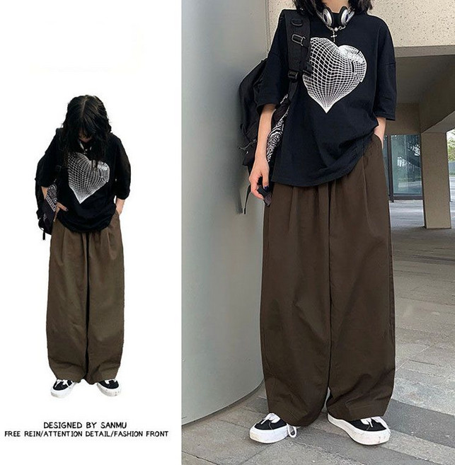 SANMU 日系復古闊腿工裝長褲, 1個, 深咖色【高質量】XL 建議130-145斤