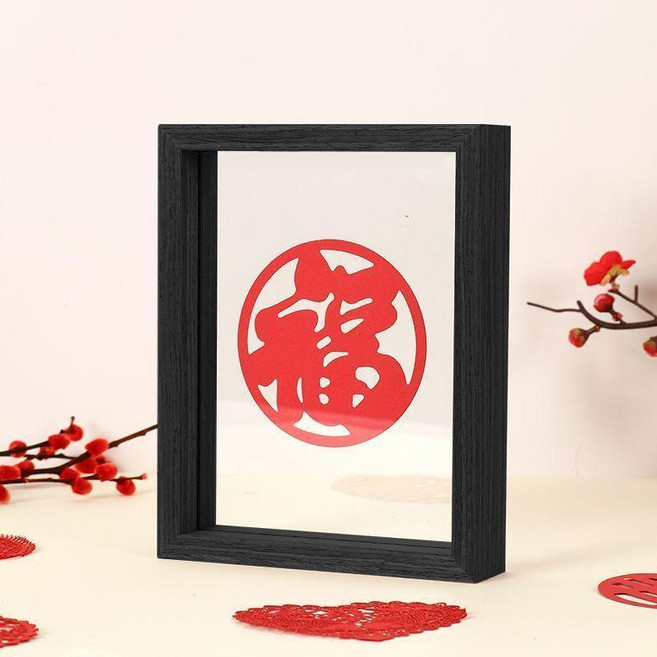 雙面高透玻璃相框,紅色“福”字裝飾, 1個, 黑色 有機玻璃 ,正方形4寸 10.1x10.1cm