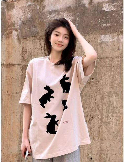 美式重磅短袖T恤,夏季兔子印花寬鬆版型