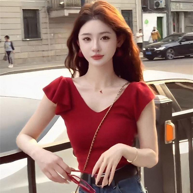 優選 小飛袖薄款短袖針織衫恤女夏季修身顯瘦百搭領打底上衣 副廠產品
