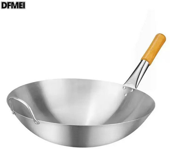 DFMEI 不鏽鋼木柄炒鍋雙耳鍋炒菜鍋不生鏽不粘鍋特大廚師鍋食堂飯店商用, 1個, 木柄炒鍋, 32cm