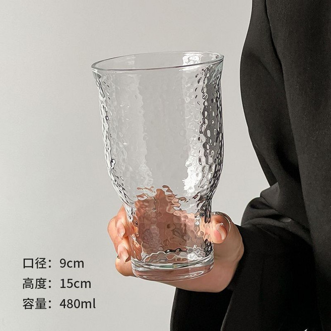 大容量 復古寬口玻璃杯 飲品杯 果茶杯 咖啡杯, 1個, 寬口果汁盃 錘紋款 ,1衹裝