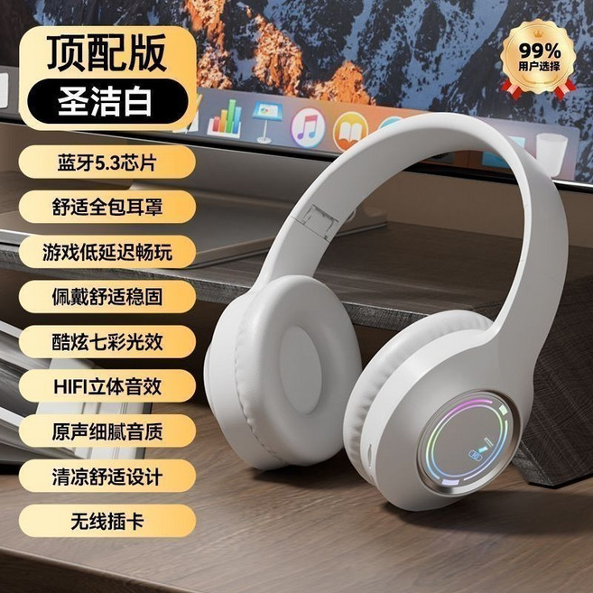 發光藍牙耳機 頭戴式耳機 遊戲低延遲, 頂配版+北極白+可插記憶卡+發光特效, 北極白