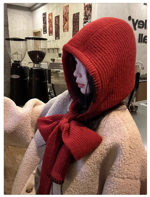 韓國新款 保暖護耳 毛線巴拉克拉法帽 圍脖一體設計, 紅色,均碼, 1個
