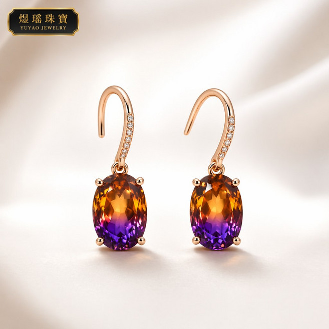 YUYAO JEWELRY 漸彩寶石耳環 橘紫雙色 橢圓寶石 玫瑰金/銀色