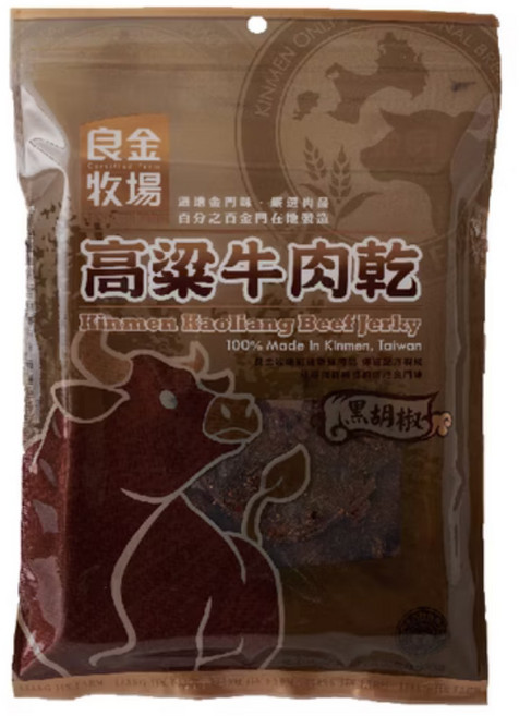 良金牧場 高粱牛肉乾 - 黑胡椒口味, 標示於包裝上, 1個