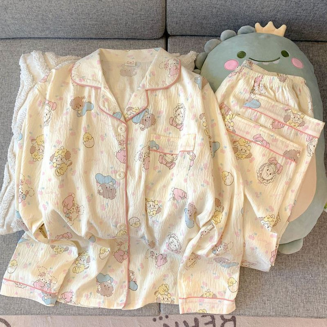女士春秋翻領開衫長袖寬鬆家居服套裝