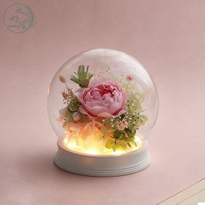 永生花玻璃罩裝飾擺件 永生花盅 拍拍燈 觸控小夜燈 氣氛燈, 粉櫻