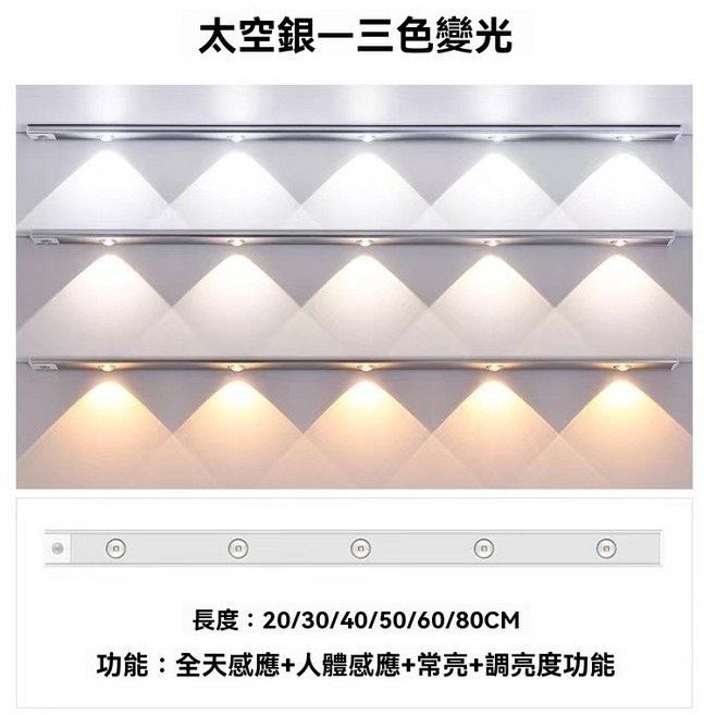 山丘貓眼燈 遙控 免佈線 適用於公仔展示櫃、酒櫃、衣櫃 感應夜燈, 1件, 三色燈光, 太空白(一控多燈),40cm