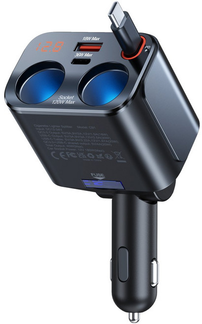180W PD36W 伸縮車充 支援QC3.0/PD快充 汽車點菸器擴充槽 雙孔 USB-A/USB-C 數顯螢幕, 黑色, C91
