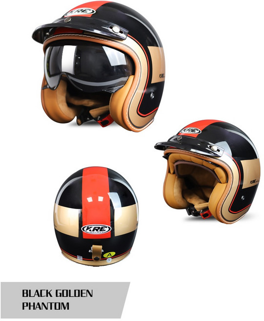 KRE HELMET 經典復古半罩安全帽 白藍粉幻影, 黑金幻影(外掛風鏡/鏡片二選一,L頭圍(59-60)cm