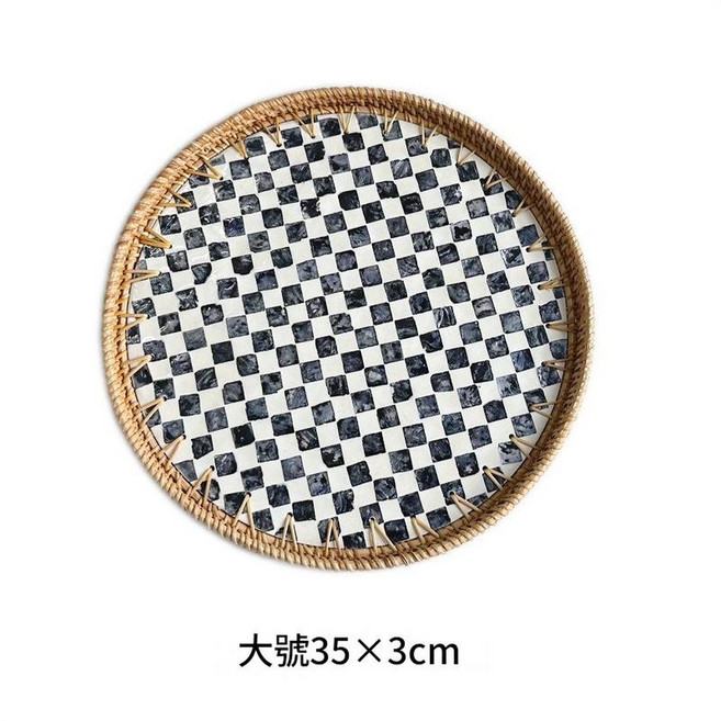 越南藤編圓盤 30cm, 大號棋盤格 圓貝殼盤35x3cm, 1套