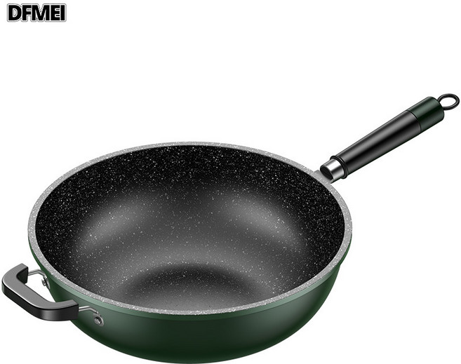 DFMEI 麥飯石不粘鍋家用炒菜鍋加厚一體鑄平底鍋通用爐竈熟鐵鍋, 1個, 墨綠色-34cm炒鍋無蓋, 如圖